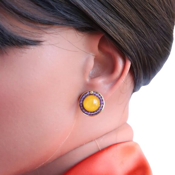 Egg Yolk Amber and Amethyst Earrings in 14k Gold Plated s925 - Picture 6 of 8